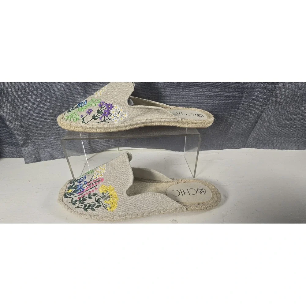 CHIC Women's Beige Canvas Espadrille Slide Flats Embroidered Floral EU 40
